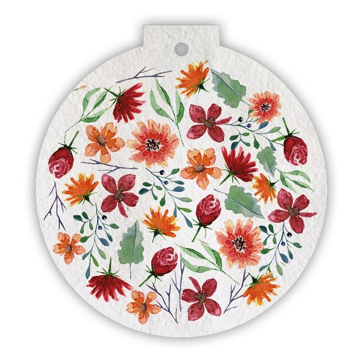 Eco-Card pallina natalizia in carta piantabile con fiori e foglie invernali - tagete
