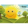 Eco-Postcard Green Cartoon con sole e alberi che sorridono e semi di fiori misti