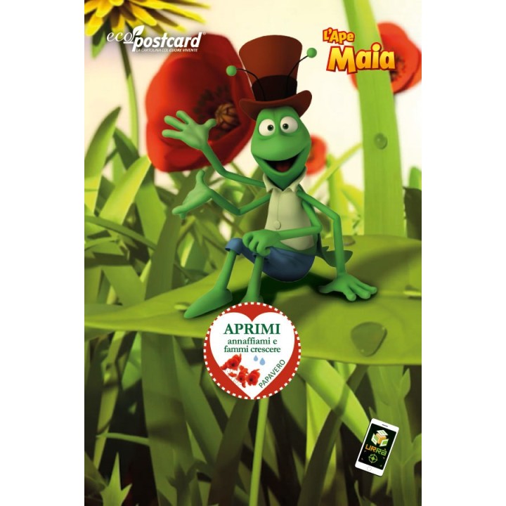 Cartolina ecologica con semi di papavero e cartone animato con L'Ape Maia e grillo Flip