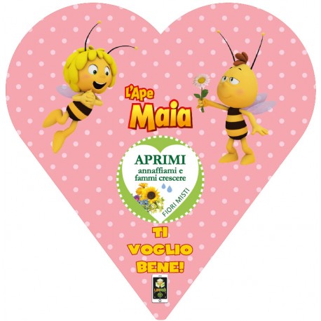 Biglietto d’auguri a forma di cuore con semi di fiori misti e cartone animato con Ape Maia e Willy 