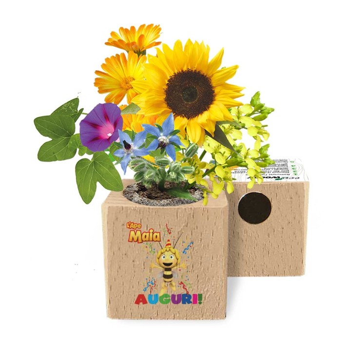 Eco cubo di legno con semi di fiori e disegno de L'Ape Maia che fa gli auguri