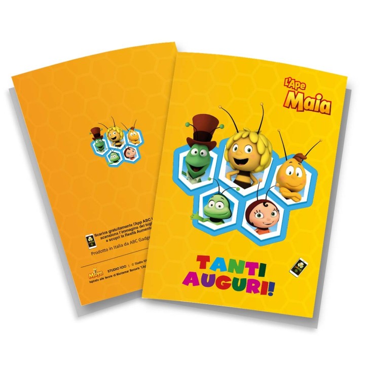 Biglietto di auguri con i personaggi de L'Ape Maia e cartone animato in realtà aumentata, contiene Eco-Card a forma di fiore