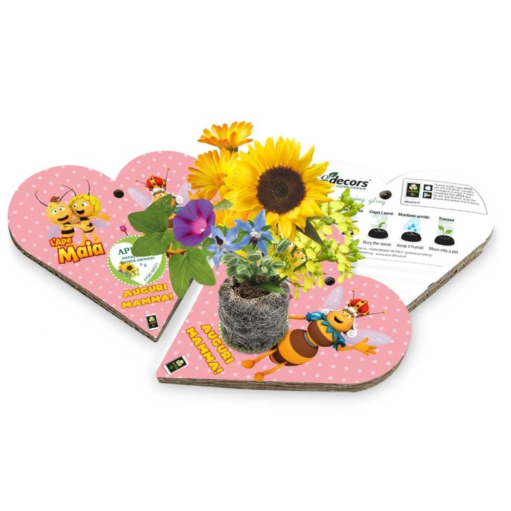 Eco-Decors Auguri Mamma da cui nascono fiori melliferi con video de L'Ape Maia e Willy in realtà aumentata