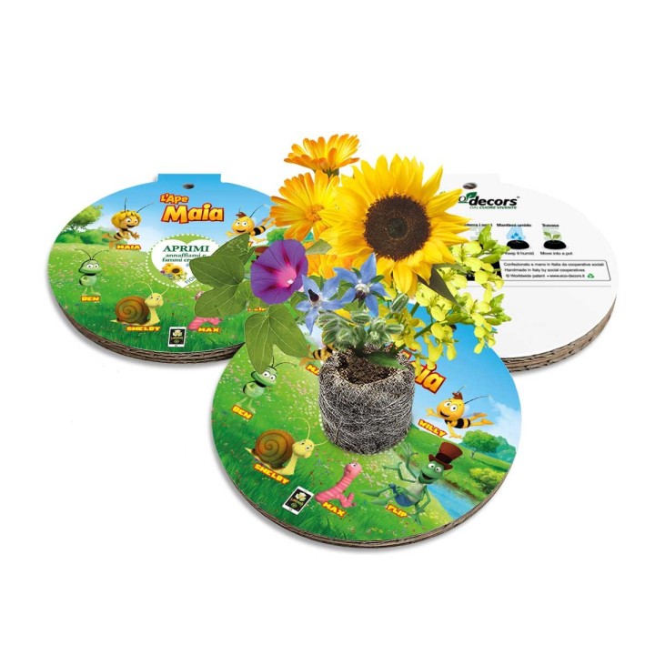 Decorazione pallina ecologica con semi di fiori melliferi e cartone animato con personaggi de L'Ape Maia