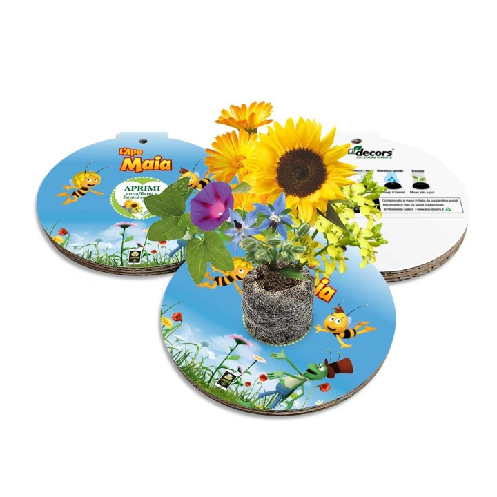 Eco-Decors pallina decorativa da cui nascono fiori con video de L'Ape Maia e il grillo Flip in realtà aumentata