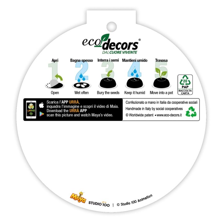 Eco-Decors pallina ecologica da cui nascono fiori con video de L'Ape Maia e il grillo Flip in realtà aumentata