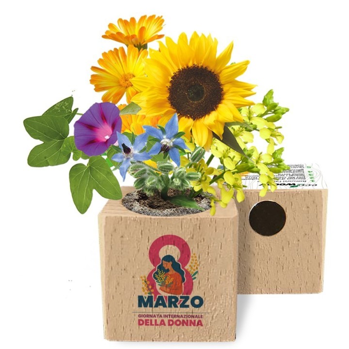 Eco-Woody® Festa della Donna 8 Marzo – Cubo in Legno che Germoglia (Fiori Misti)